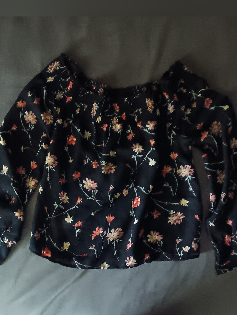 Off-Shoulder Floral Blouse in Black with Pink Accents